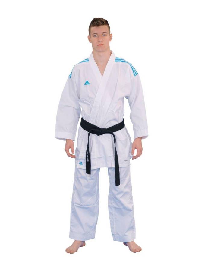 Kimono Karate Adidas Kumite Fighter K220SK cu trei linii albastre